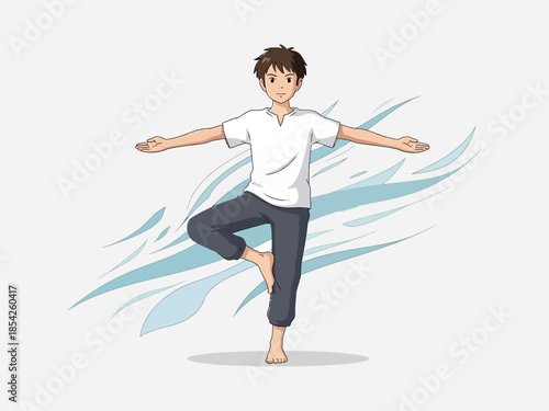 Man Practicing Yoga in Tree Pose.