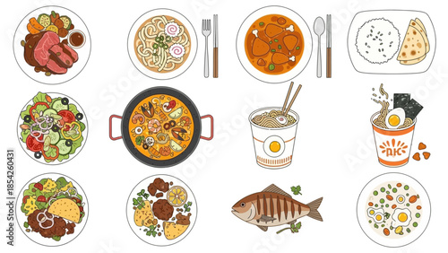 Assortment of Delicious Dishes From Ramen to Paella, A Culinary Journey with Diverse Flavors