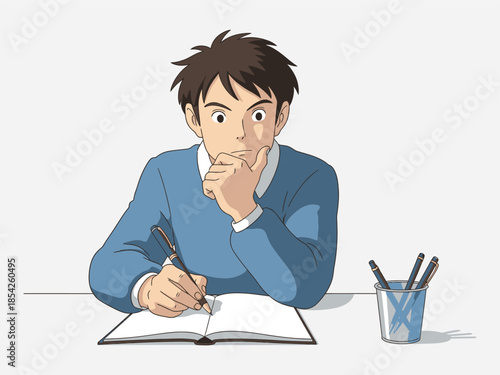 Man Writing in Notebook with Pen.
