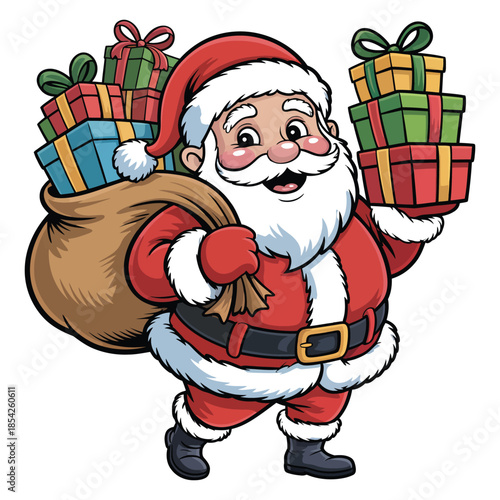 Happy santa claus with a big sack of gifts on his shoulder and a stack of presents in his hand, a joyful christmas character spreading holiday cheer to children across the globe with festive gifts