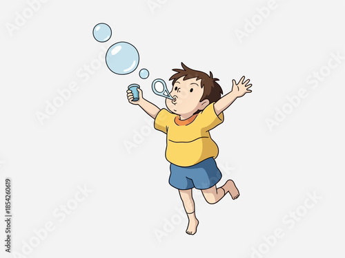 Young Boy Blowing Soap Bubbles Illustration.