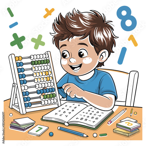 Happy young boy enthusiastically learning math with an abacus and an open textbook, surrounded by colorful numbers and math symbols on a bright white background