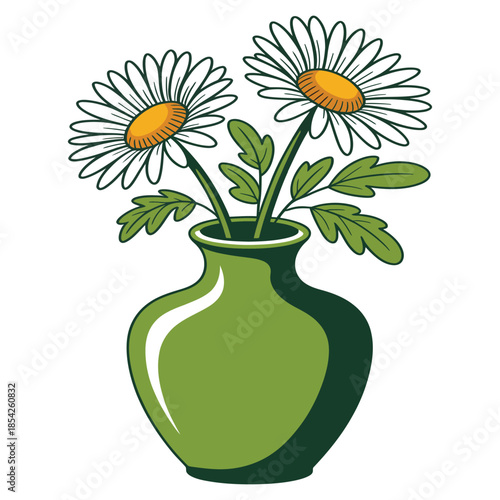 Two beautiful white daisy flowers with yellow centers and green leaves arranged elegantly in a tall green vase on a clean white background