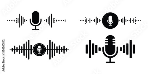 minimal black audio waveform with microphone icon sound wave vector illustration isolated