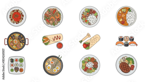 Diverse and Delicious Food A Colorful Overhead View of Various Dishes, Perfect for Menus and Culinary Design