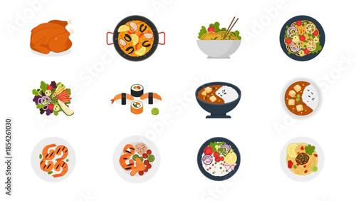 Delicious Assortment of Colorful Food Dishes Chicken, Sushi, Salads, Soups, and More!