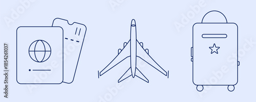 Editable Stroke Line Vector Icons of Travel Essentials with Passport, Airplane, and Suitcase