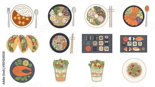 Variety of Delicious Dishes Curry, Ramen, Tacos, Sushi, Salad, and More - Culinary Delight
