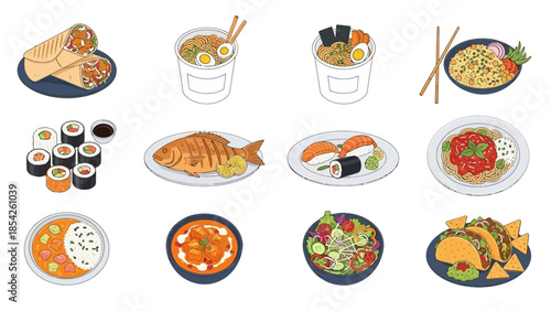 Diverse Culinary Delights A Colorful Array of Global Food Specialties for Dining & Mealtime