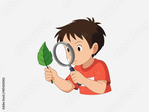 Boy Examining Leaf with Magnifying Glass.
