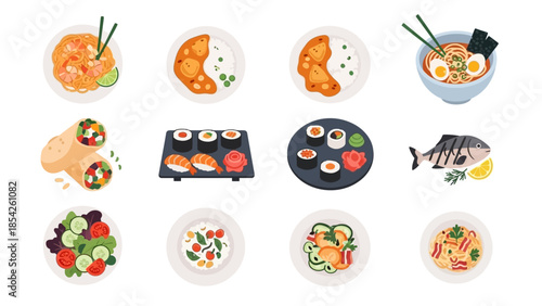 Assorted Delicious Dishes A Colorful Culinary Collection of Global Food Favorites and Tasty Delights