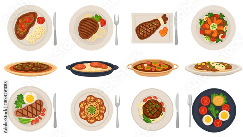 Diverse culinary delights A vibrant collection of appetizing dishes in various styles and presentations