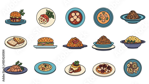 Colorful Food Icons Collection Various Dishes and Culinary Delights for Menu Design