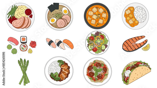 Variety of Delicious Dishes From Sushi to Tacos, a Colorful Culinary Collection