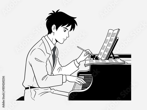 Man Playing Piano with Sheet Music.