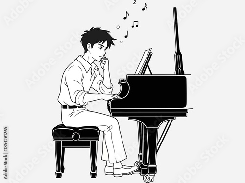 Man Playing Grand Piano with Concentration.