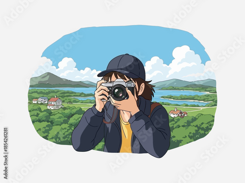 Woman Photographer Taking Picture with Camera.