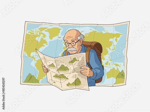 Older Man Reading Map Planning Journey.
