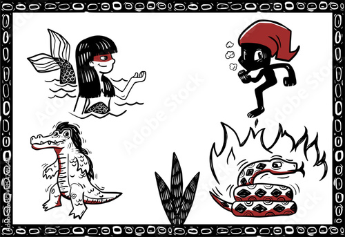 Characters from Brazilian folklore in woodcut style. Iara, Saci-Pererê, Cuca, and Boitatá.