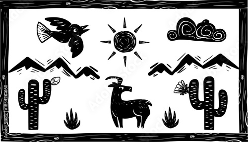 Brazilian northeast landscape, with cactus goat and bird. woodcut style