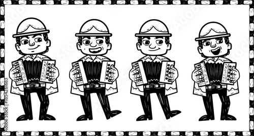 Collection of four accordion players. In woodcut style.