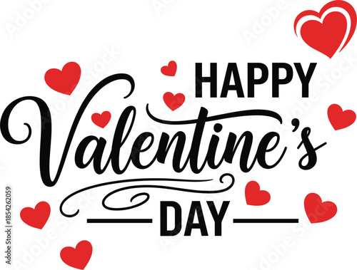 Happy Valentine's Day decorative vector with elegant black script typography surrounded by multiple red heart icons of various sizes.