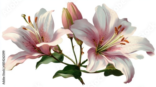 Three pink lilies with green leaves and one closed bud are displayed. The flowers show fine details and vibrant colors. This setting highlights their natural beauty.