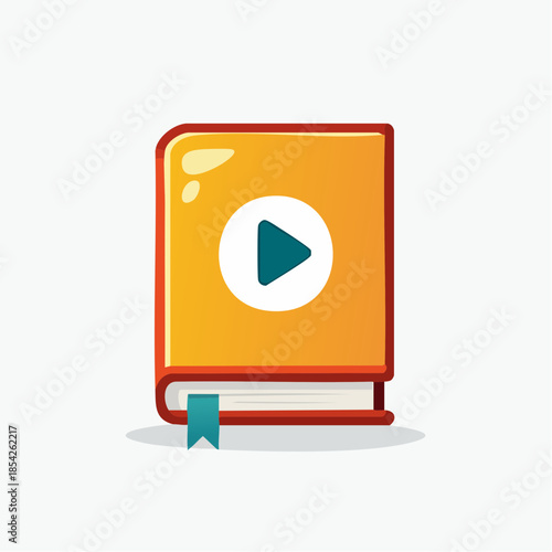 Orange Book with Play Button Icon on Cover, Representing Audiobook or E-Learning Multimedia Content on Isolated White Background.