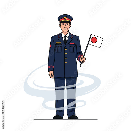 Japanese Policeman Holding National Flag Uniform.