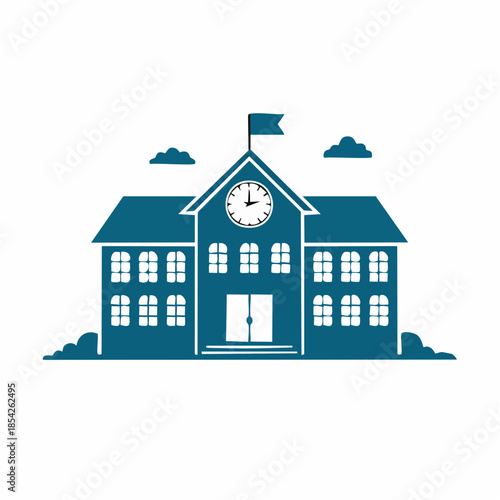 Traditional School Building with Clock Tower and Flag on an Isolated White Background