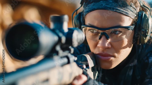 161Close-up of competitive shooter holding a rifle at a range, ear protection and glasses in place, aiming at bulls-eye target under controlled lighting, emphasizing precision and ski