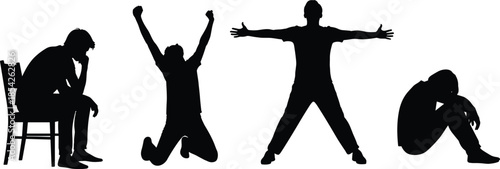 Human, emotions, silhouettes, sadness, happiness, freedom, despair, mental, health, feelings, contrast, body, language, expressive, poses, isolated, white, background, concept