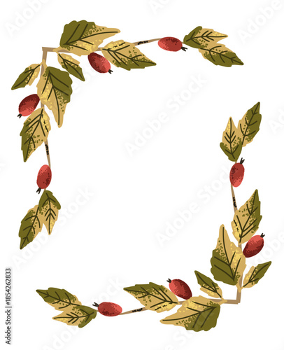 Vector botanical frame with rose hip berry in rectangle shape