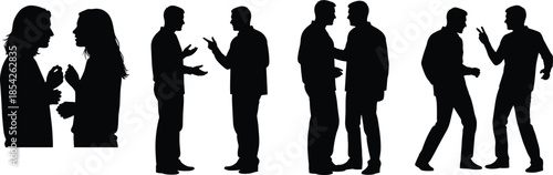 People, talking, silhouettes, conversation, discussion, argument, debate, communication, interaction, body, language, men, women, social, dialogue, isolated, white, background, concept