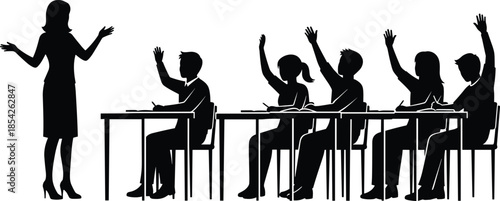 Teacher, classroom, students, silhouettes, raising, hands, education, learning, school, lesson, participation, teaching, academic, training, interaction, isolated, white, background, concept