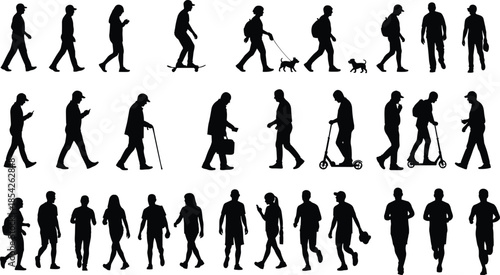 Walking, people, silhouettes, men, daily, activities, lifestyle, movement, urban, routine, commuters, pedestrians, isolated, white, background, human, poses, collection, concept