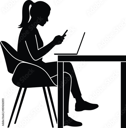 Woman, working, on, laptop, smartphone, silhouette, sitting, desk, multitasking, technology, office, remote, work, digital, communication, isolated, white, background, concept