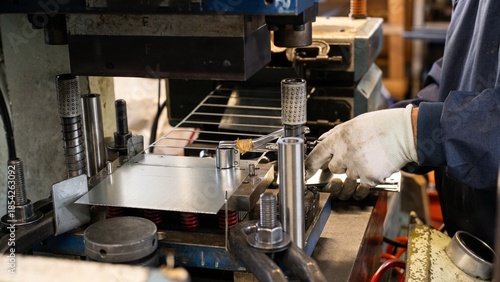 Bilde på lerret Worker using press plate removal tool during metal stamping machine setup