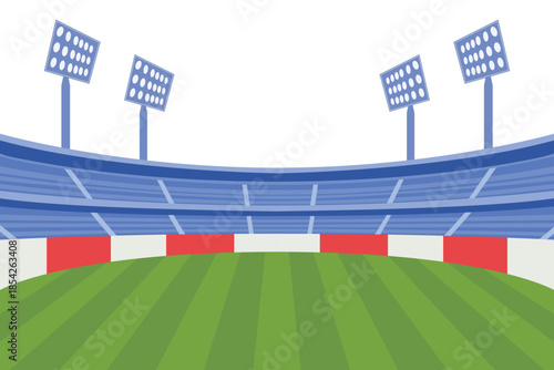 Modern sports stadium at daytime with blue floodlights