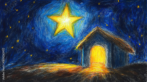  christmas star shining over the manger, rendered in oil pastel with an impressionistic style