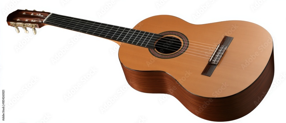 Obraz premium Classic wooden acoustic guitar with nylon strings and rosette detailing