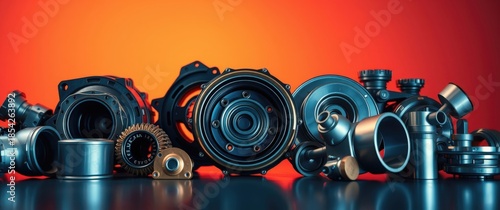 Metal parts arranged on a surface with bright background in studio setting during evening hours