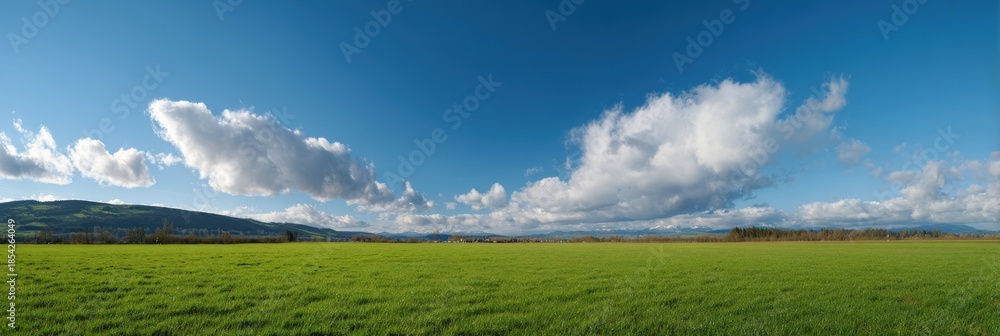 Obraz premium Expansive green field with blue sky and white clouds under bright sun