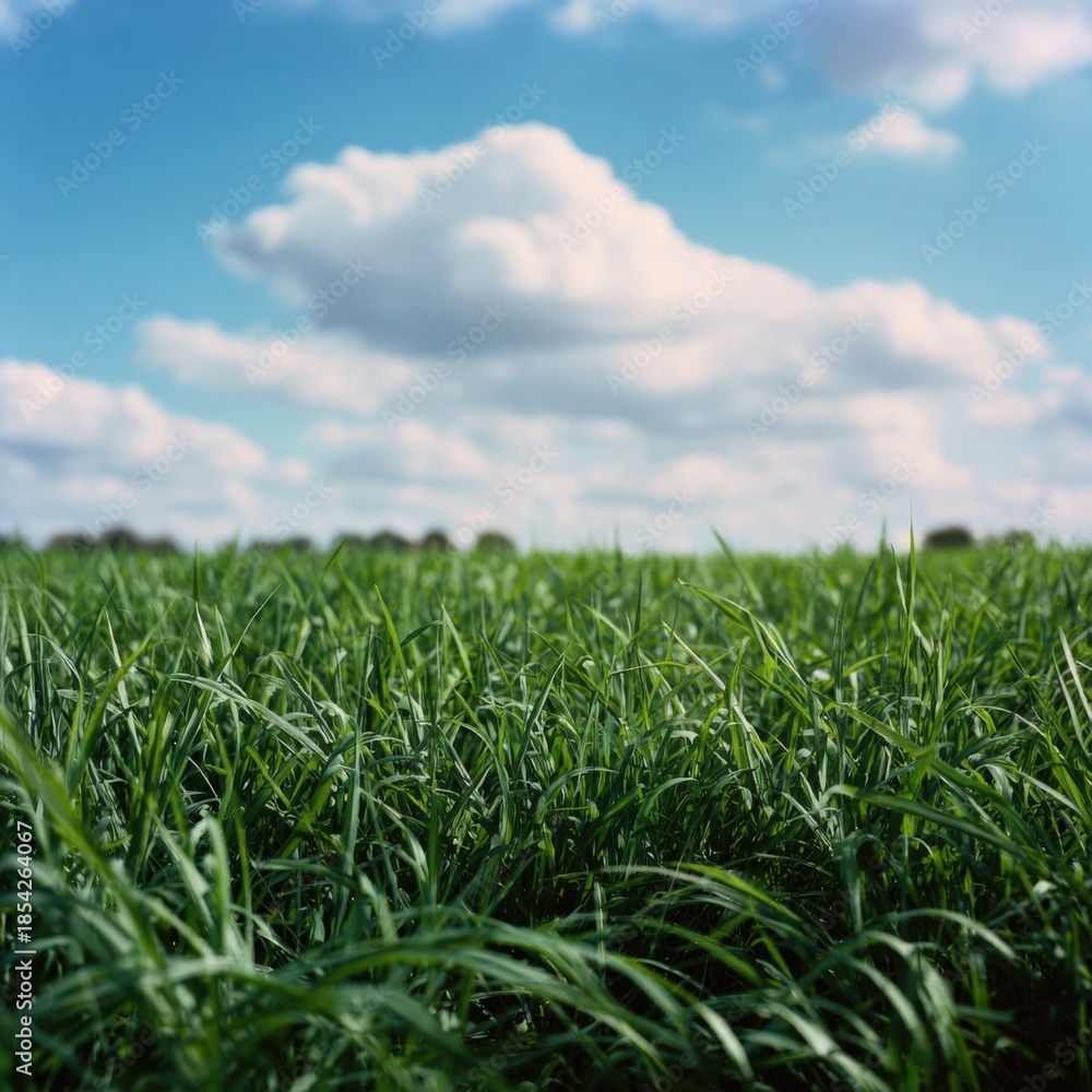 Obraz premium Lush green grass field under cloudy blue sky on a sunny day