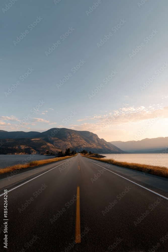 Fototapeta premium Scenic mountain road at sunset along lakeside