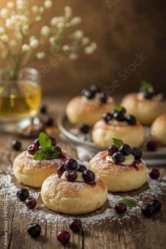 Fresh baked pastries topped with blueberries and mint on a wooden table