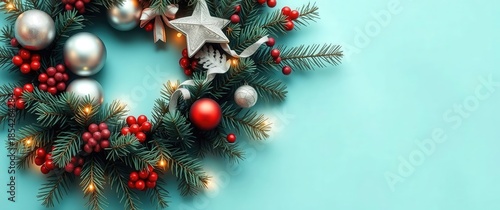 Christmas wreath with decorations on a blue background for a holiday theme in December