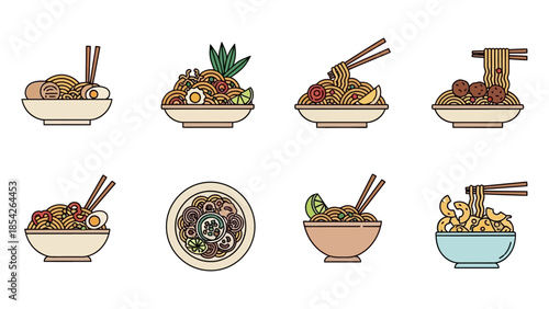Variety of Delicious Noodle Bowls A Collection of Asian Cuisine Illustrations