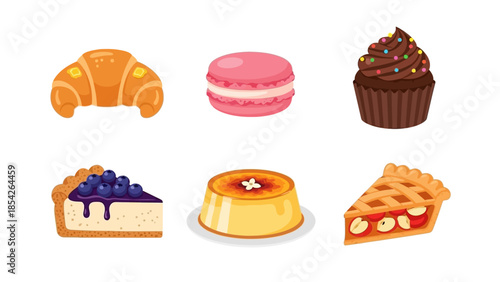 Delicious Assortment of Baked Goods Croissant, Macaron, Cupcake, Cheesecake, Custard, and Pie