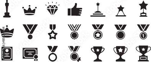 award icon collection of trophies medals crowns certificates set